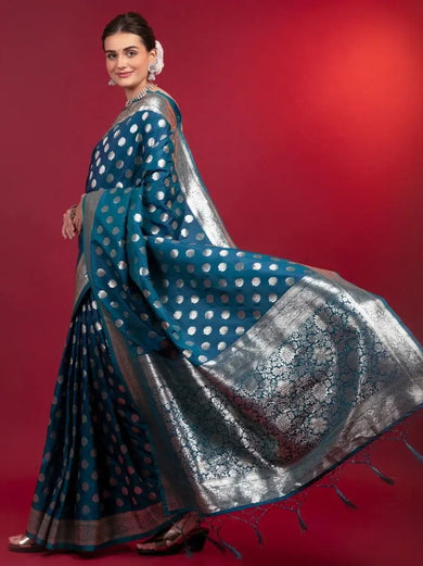 Delightful Blue Zari Weaving Silk Wedding Wear Saree With Blouse